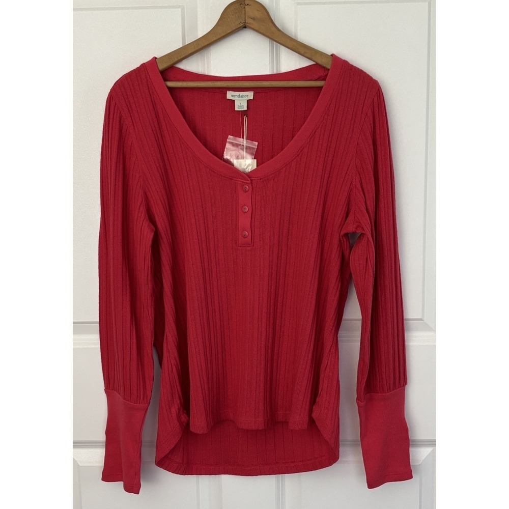 Sundance Women's Pink Balloon Sleeve Ribbed Henley Blouse Wide Cuffs Size L 0570